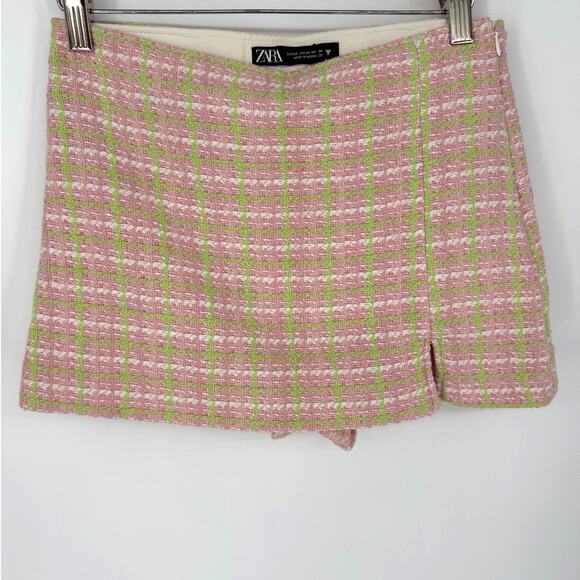 Zara Skort Tweed Shorts Skirt Pink Green Pastel Mini Viral Spring Summer Sz XS - Picture 2 of 6